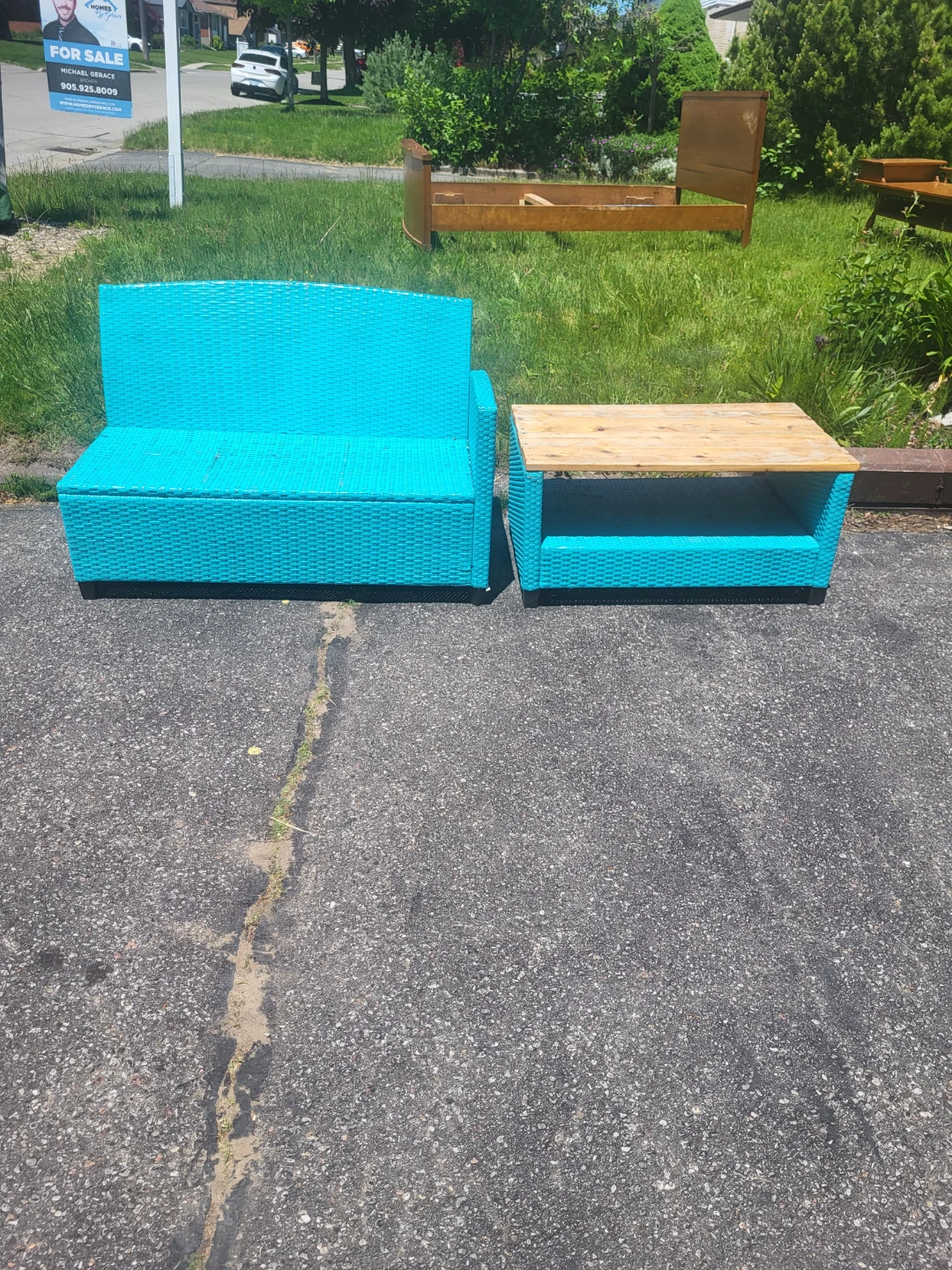 Teal Wicker Loveseat and Coffee Table Set