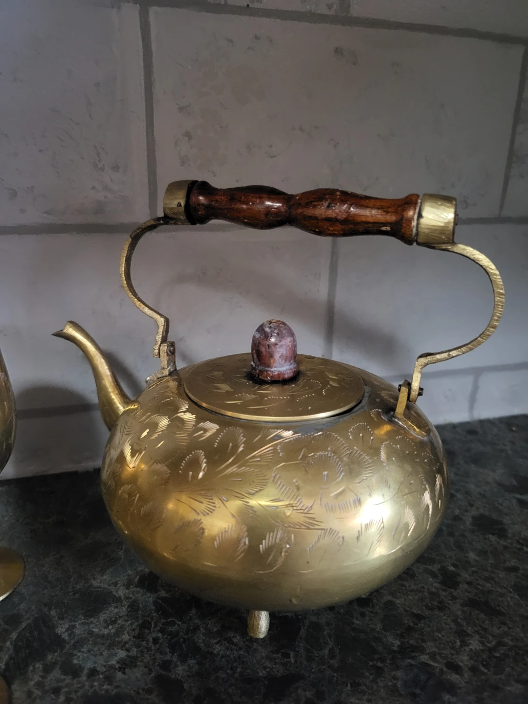 Brass Etched Teapot and 6 Goblets Set - photo 3