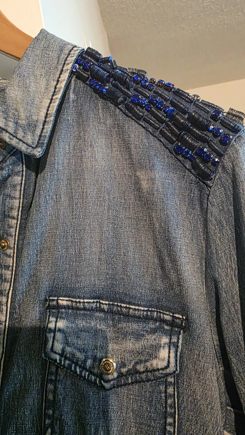 Denim Dress with Blue Beaded Shoulders - photo 3
