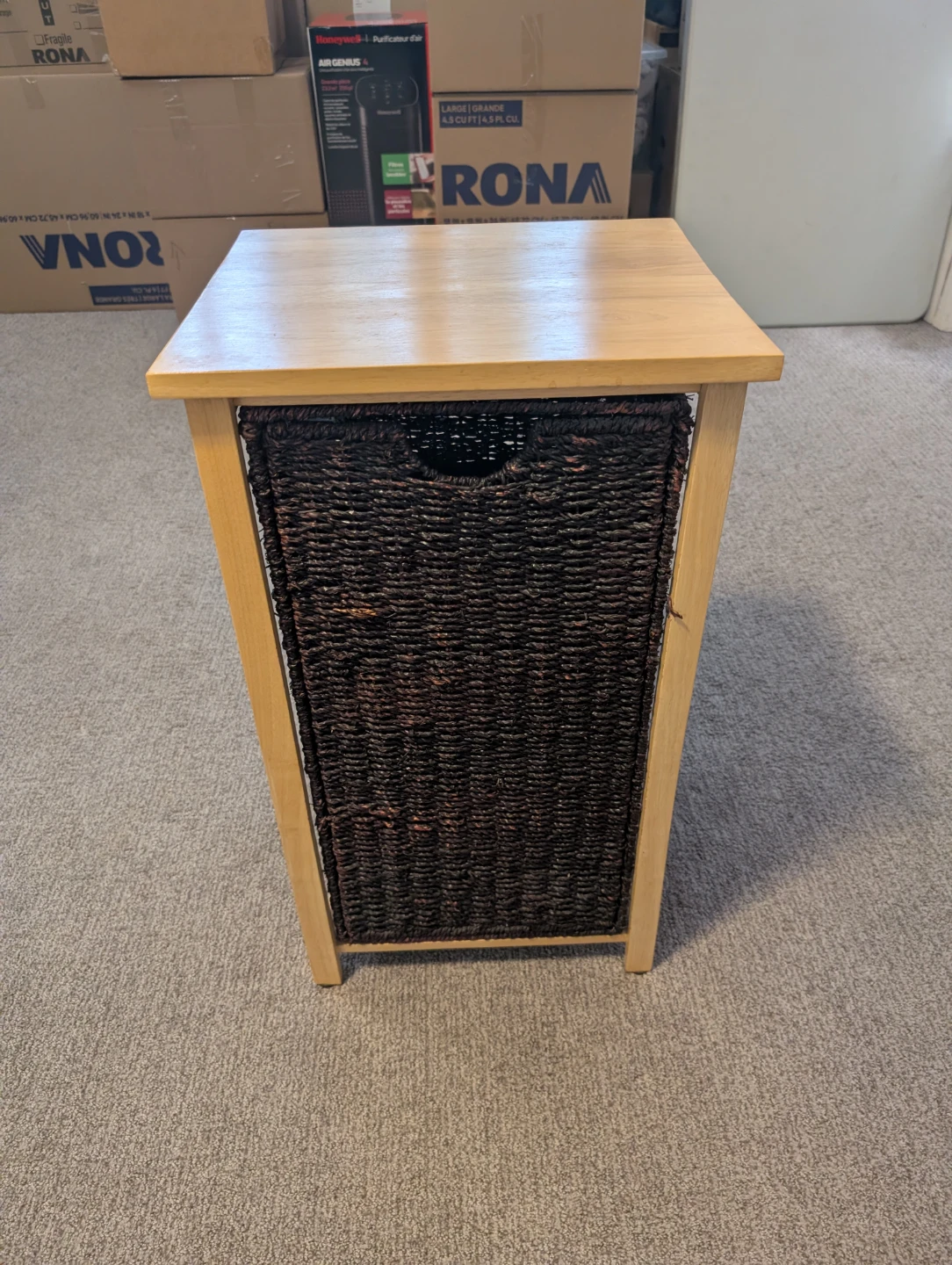 Wooden Side Table with Woven Basket