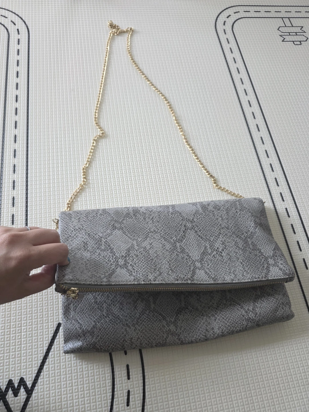 Grey Snakeskin Foldover Clutch with Gold Chain - photo 2