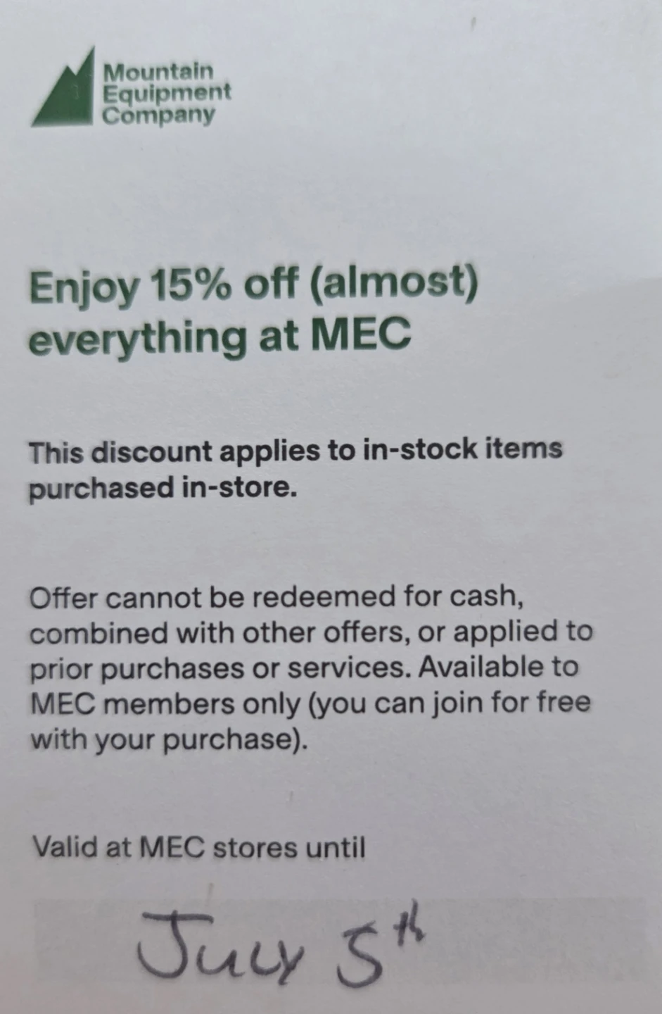 MEC 15% off (Mountain Equipment Company) voucher