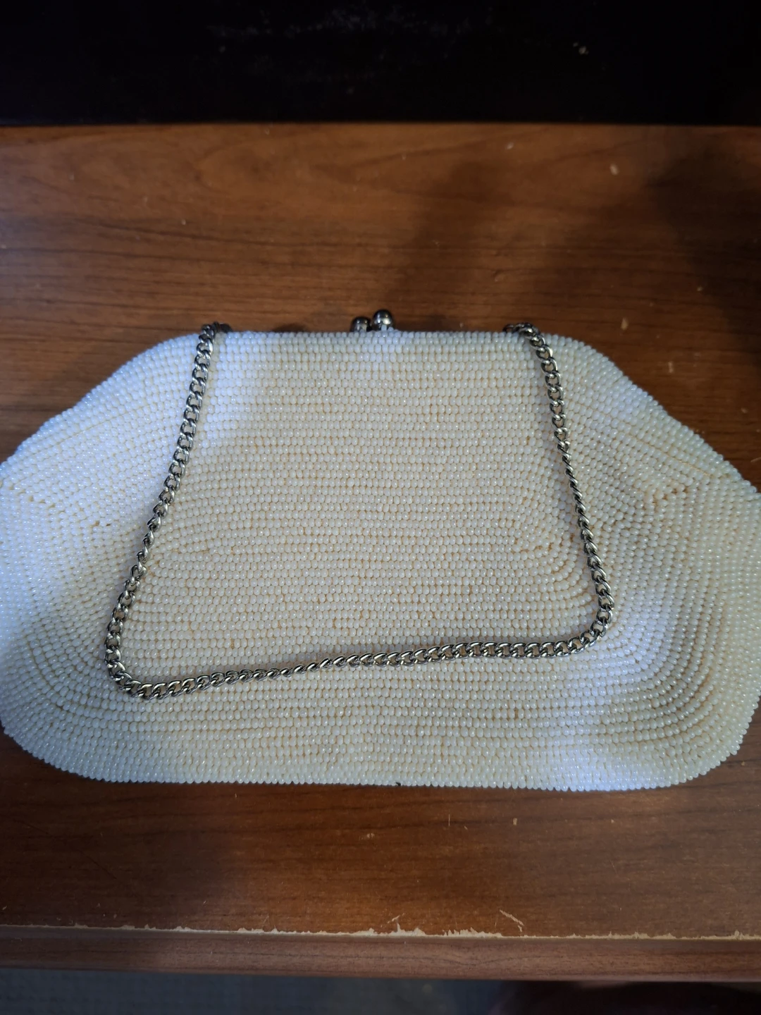 White Beaded Clutch with Chain 1950s 60s era