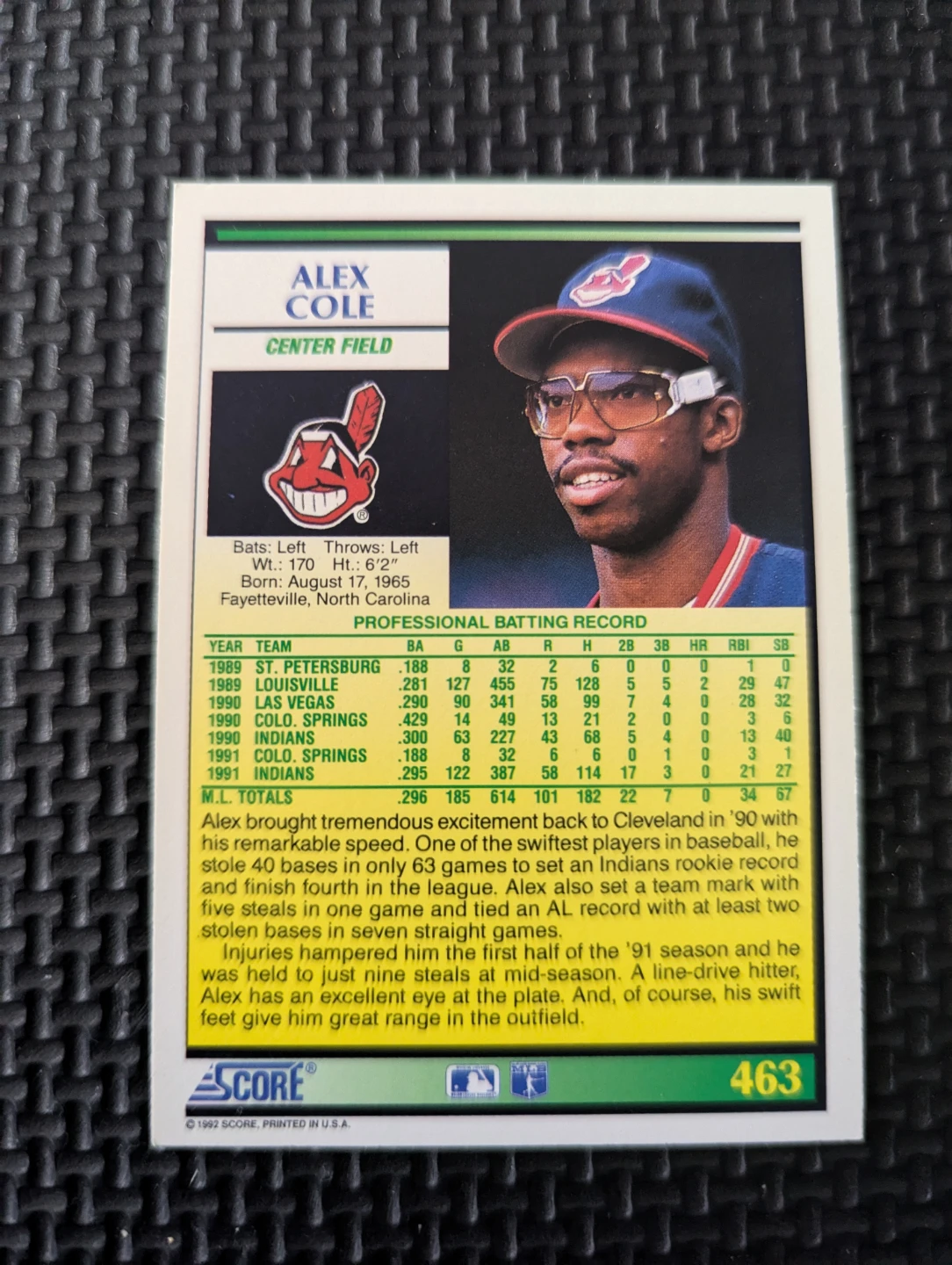 ⚽ 1992 Score Baseball Card - Alex Cole - photo 2