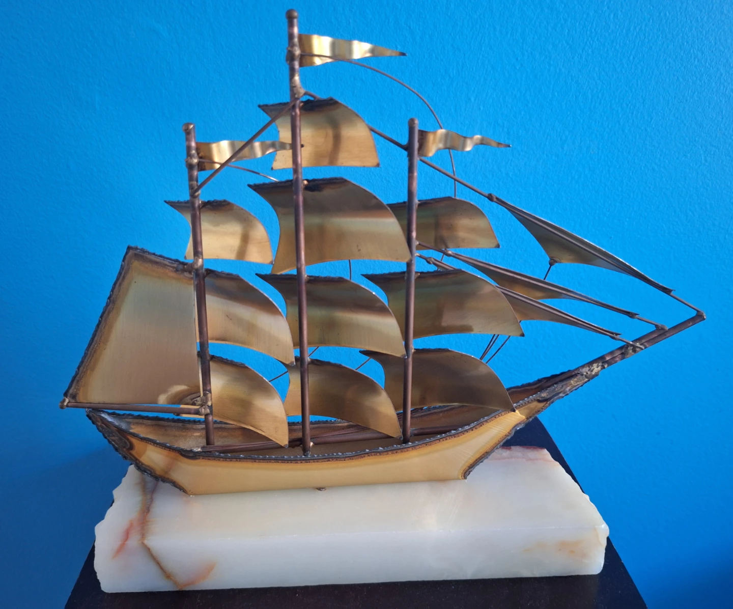 Brass Sailing Ship Sculpture on Onyx Base Signed - photo 2