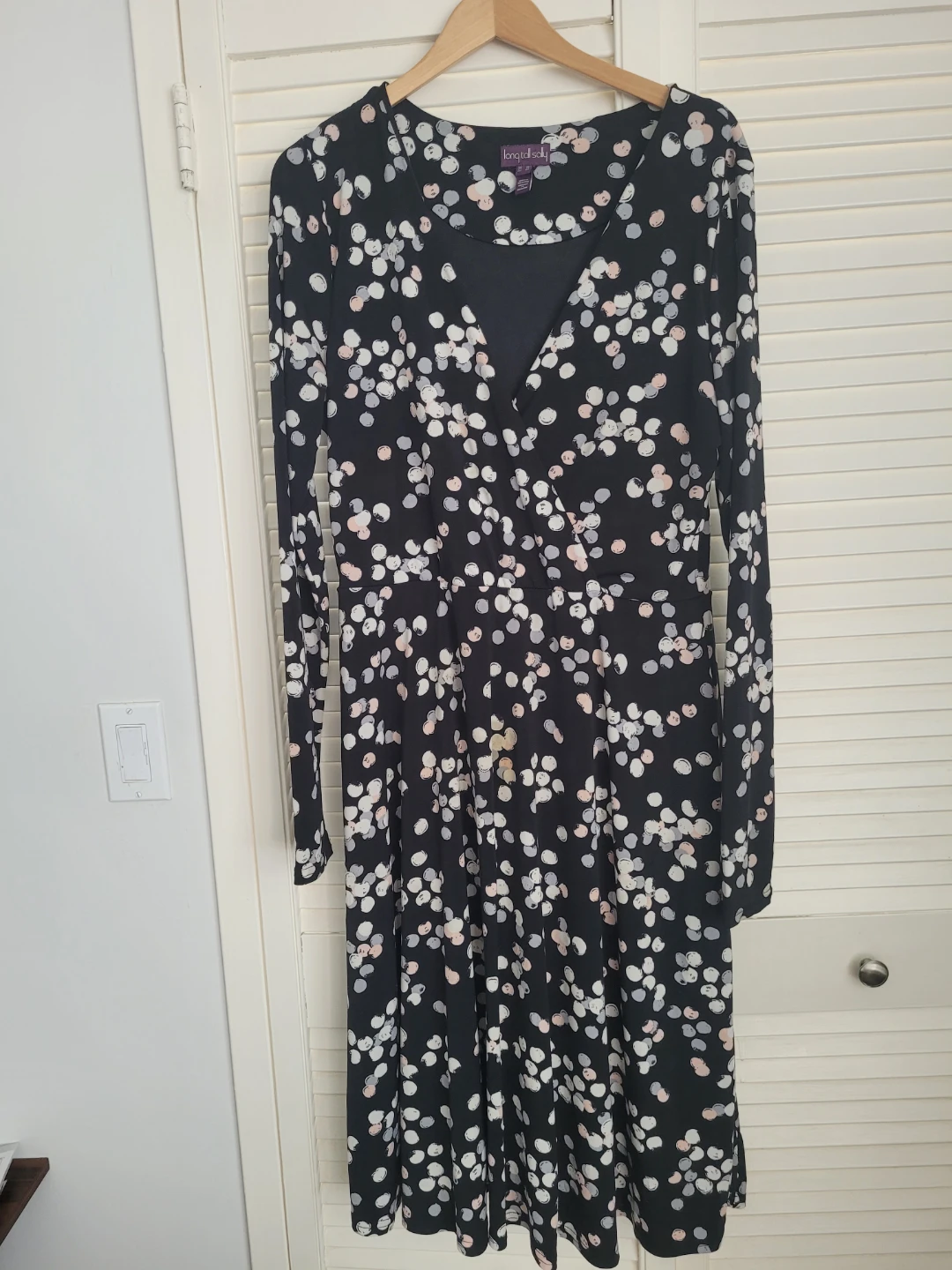 Black Polka Dot Midi Dress Size US 12 Long Sleeve V-Neck Dress