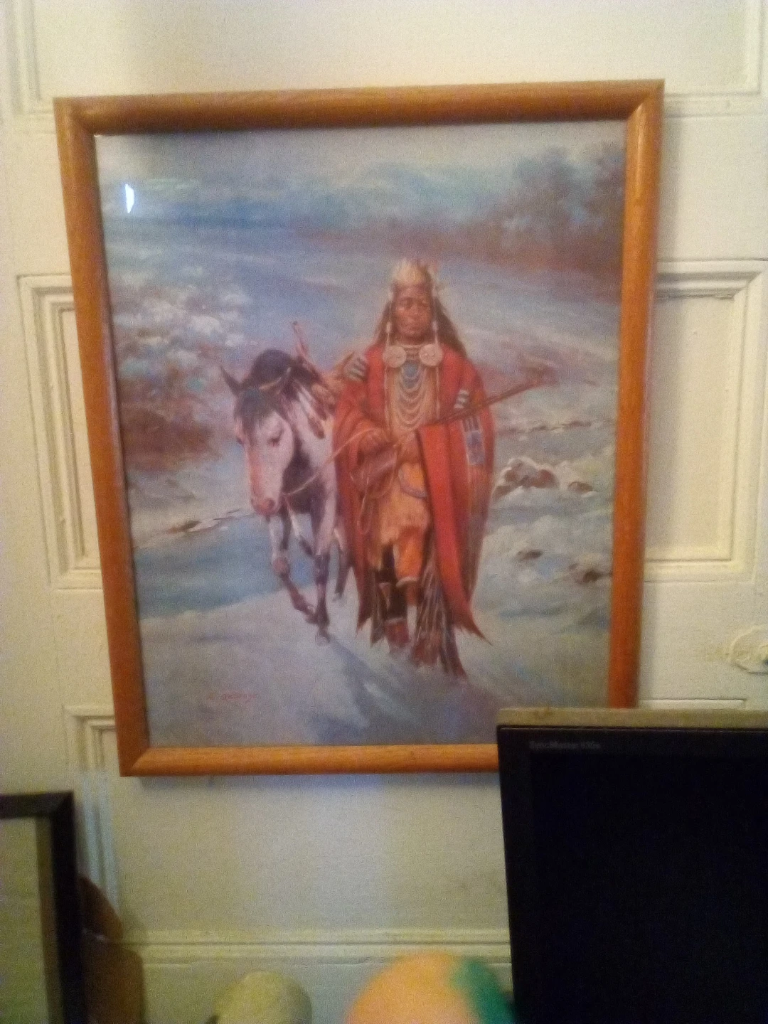 Framed Native American Art Print and Cottage Scene