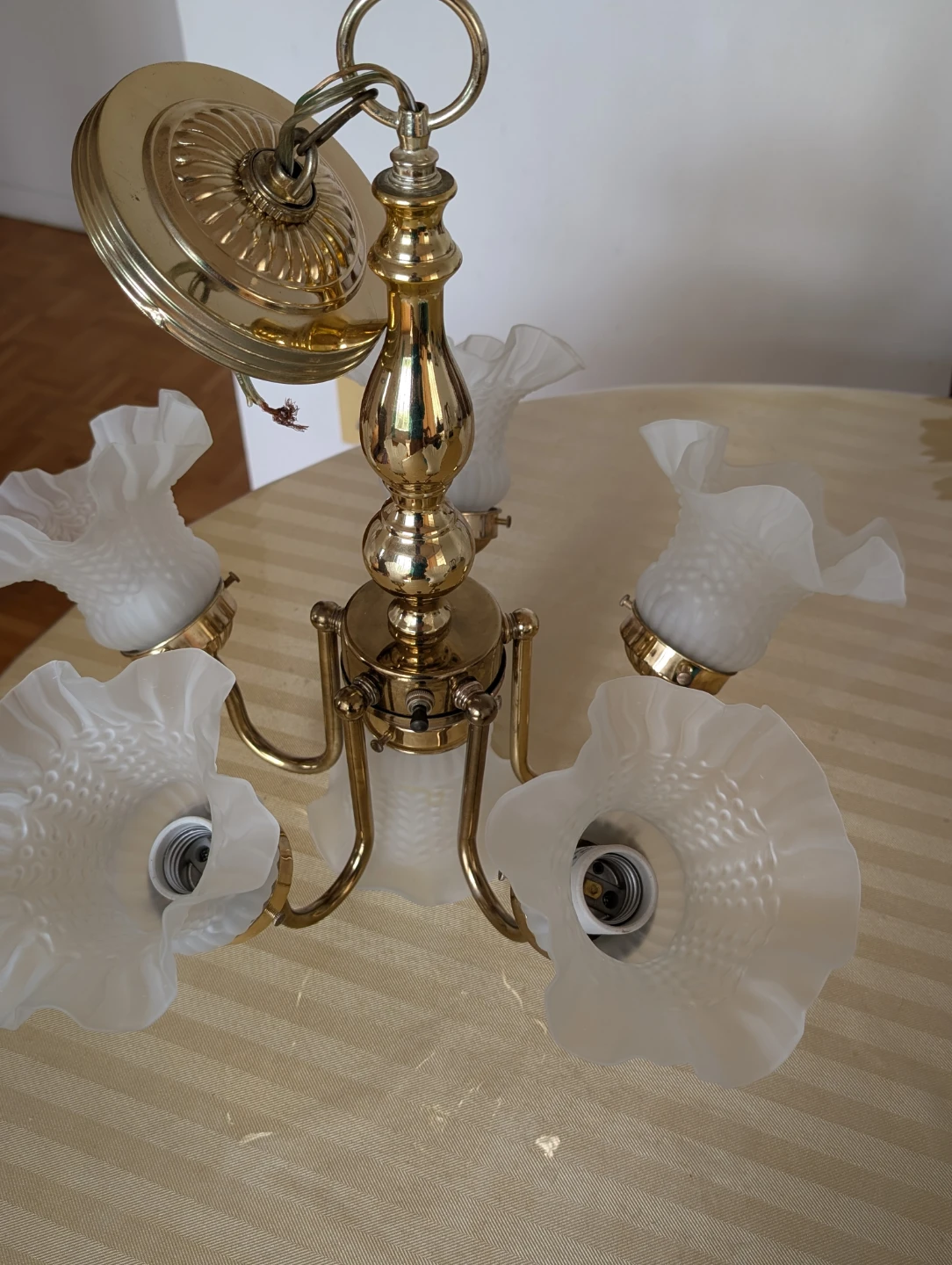 Brass Chandelier with Frosted Glass Shades