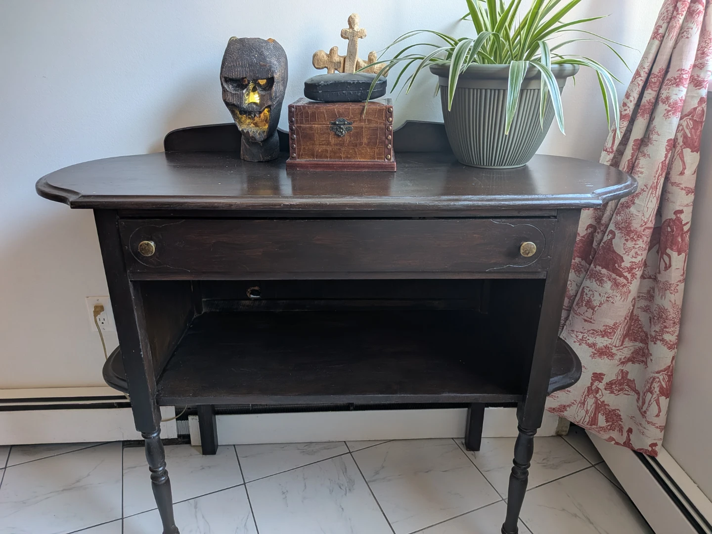Antique 30's Dark Wood Console Table with Drawer - photo 2