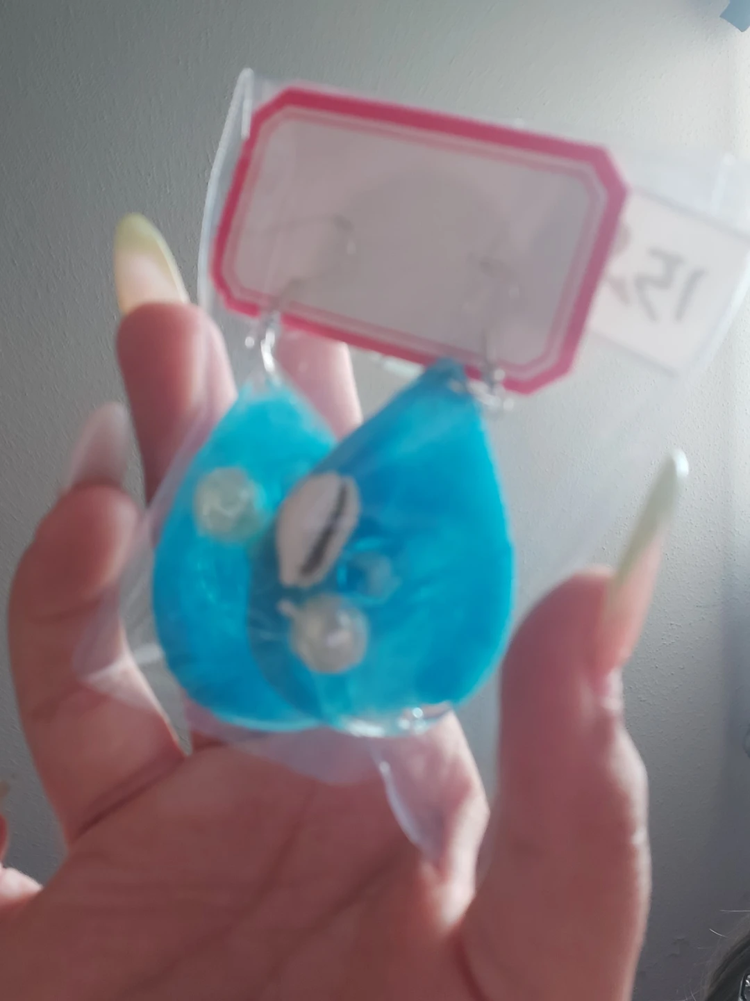 Blue Resin Earrings with Shell and Pearls