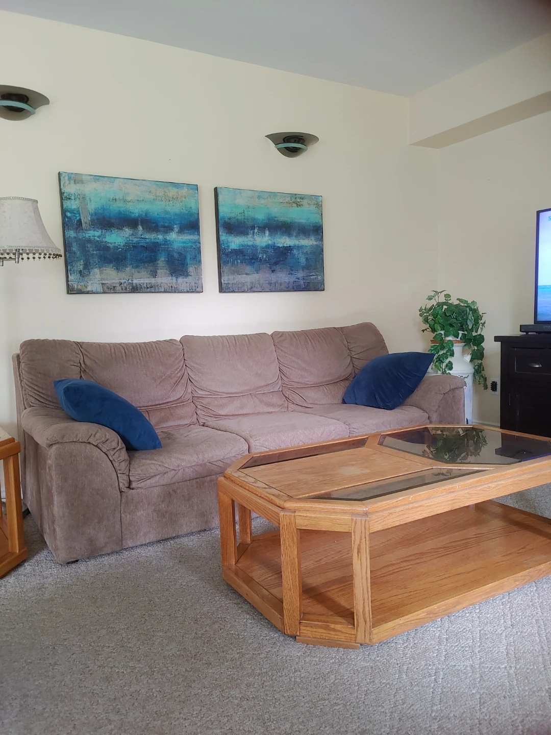 Brown Sofa with Blue Pillows