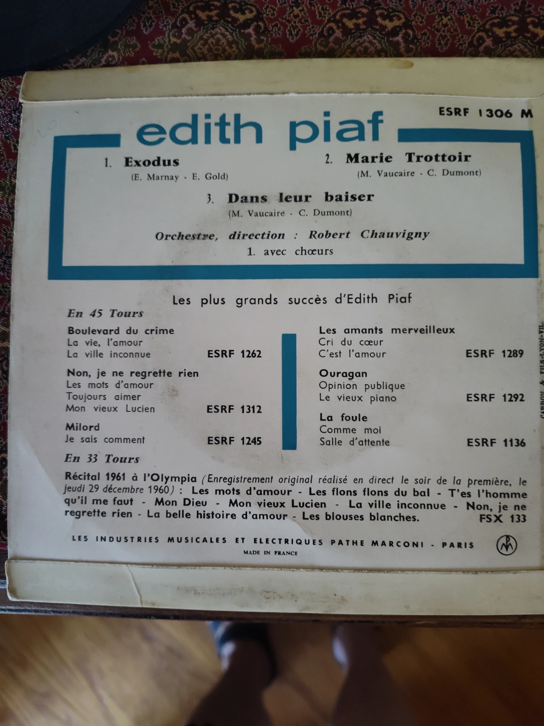 Edith Piaf Exodus / Marie Trottoir 7" Vinyl Single - photo 5