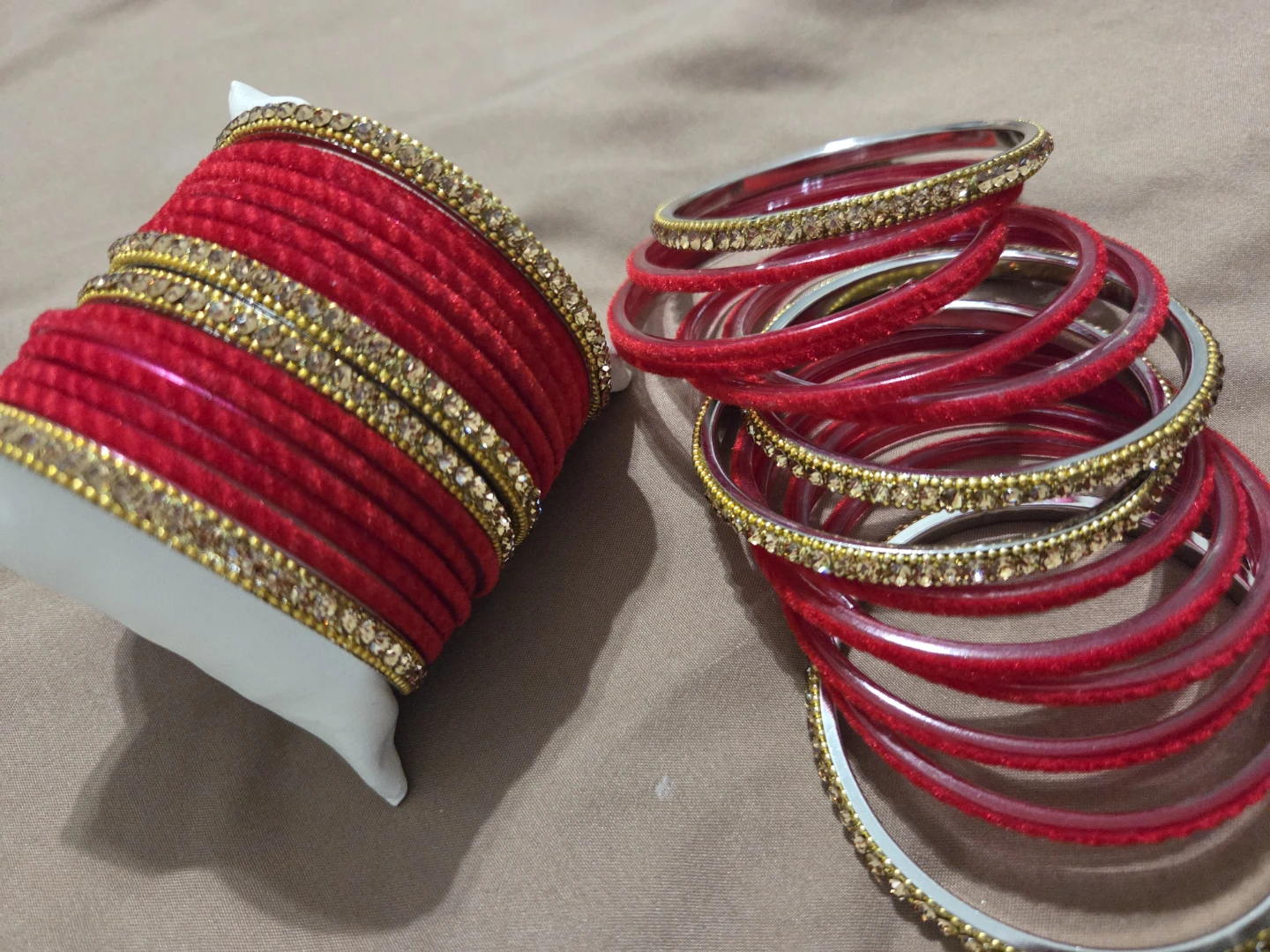 Red Bangles with Gold Rhinestone Accent