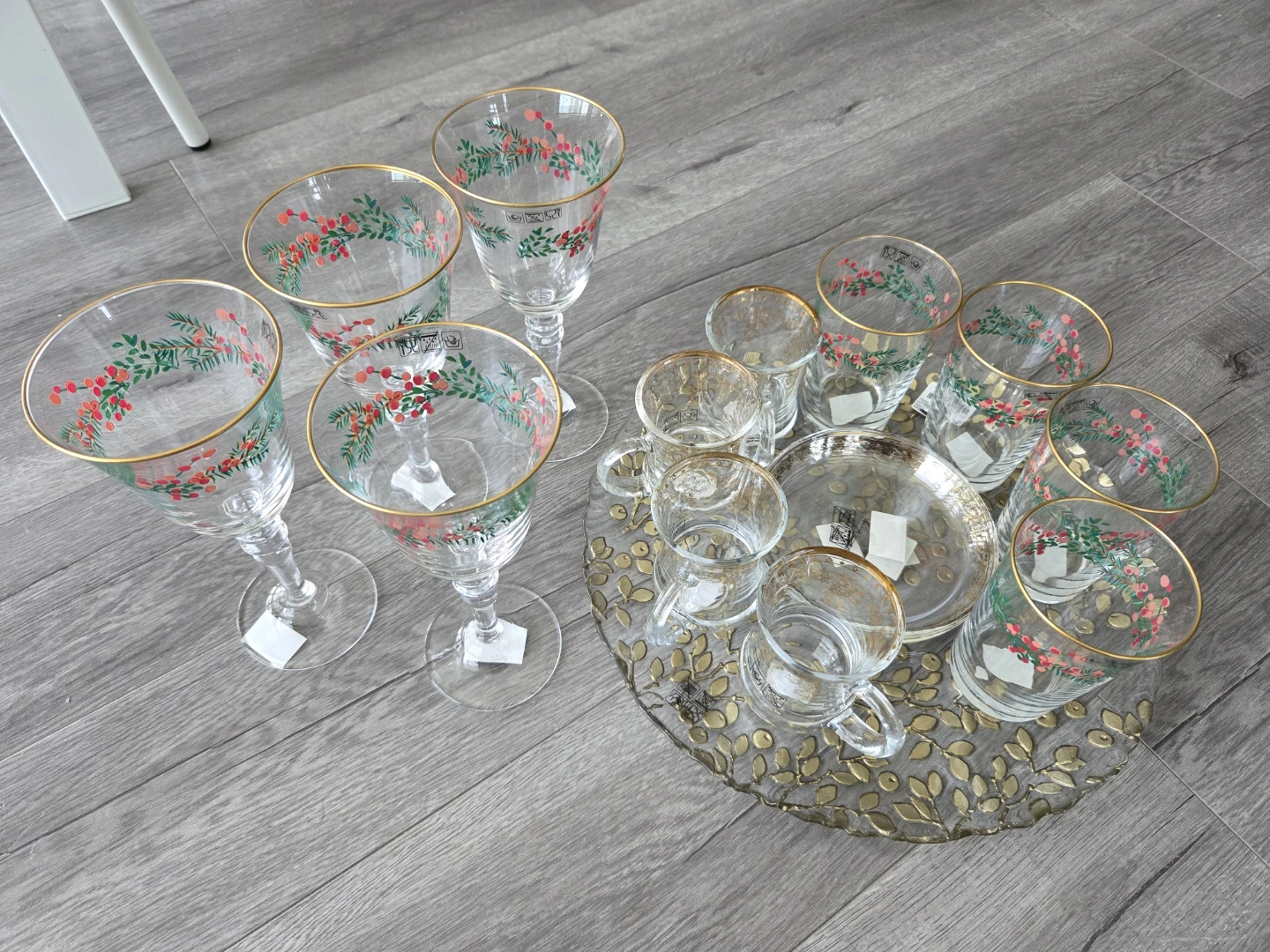 Glassware Set with Floral Design and Gold Rim