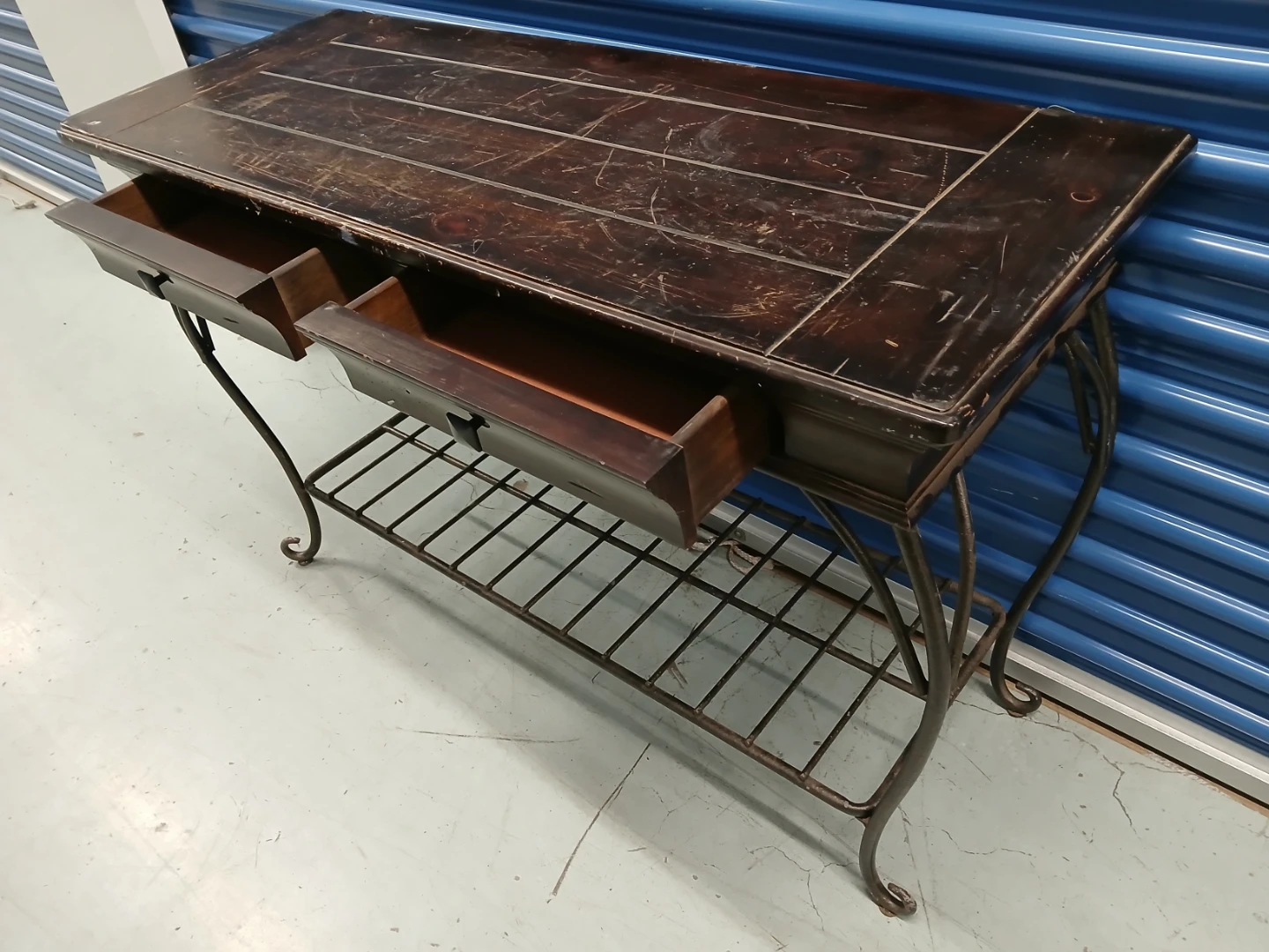 Wooden Console Table with Metal Base and Drawers
