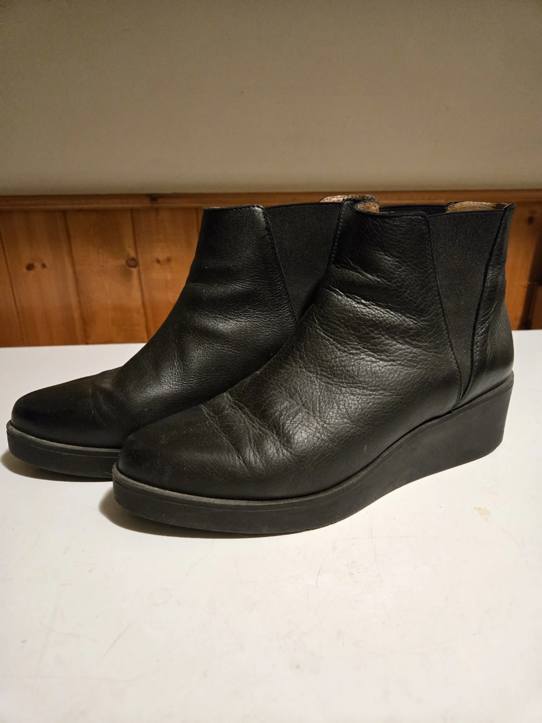 Black Leather Wedge Ankle Boots ⚽