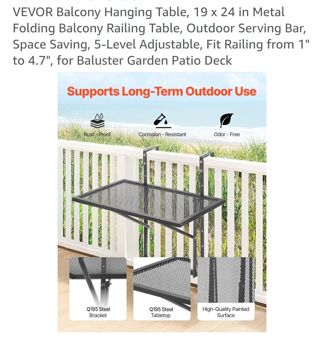 VEVOR Folding Balcony Hanging Table 19 x 24 in Metal - photo 3