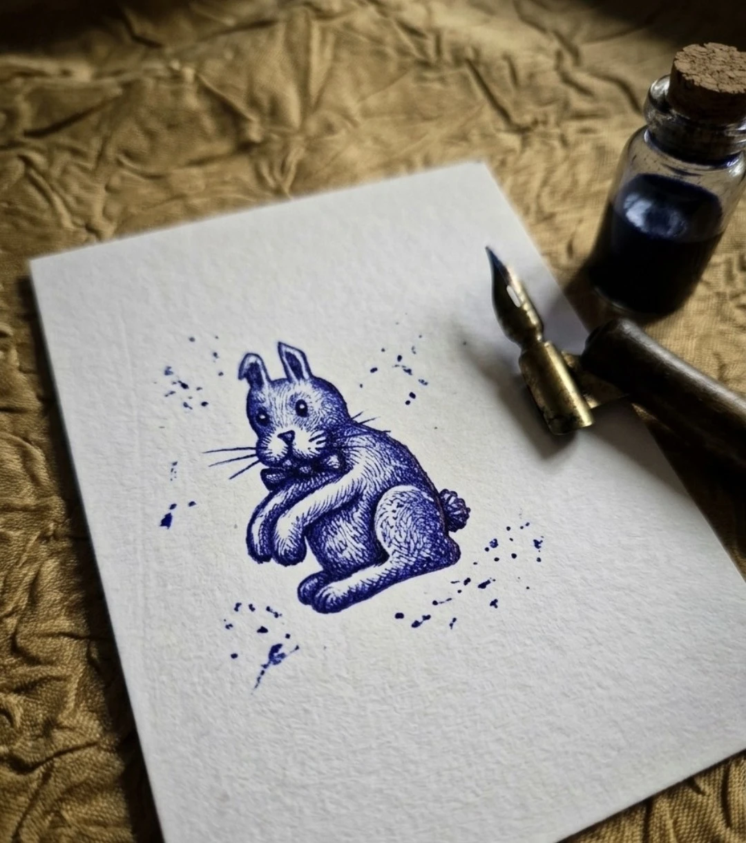 Hand-drawn Blue Ink Bunny Art "Gentle Bunny" - photo 2