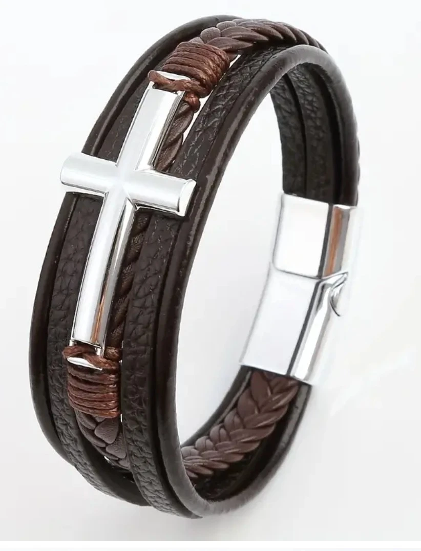 Men's Leather Bracelet with Cross Charm