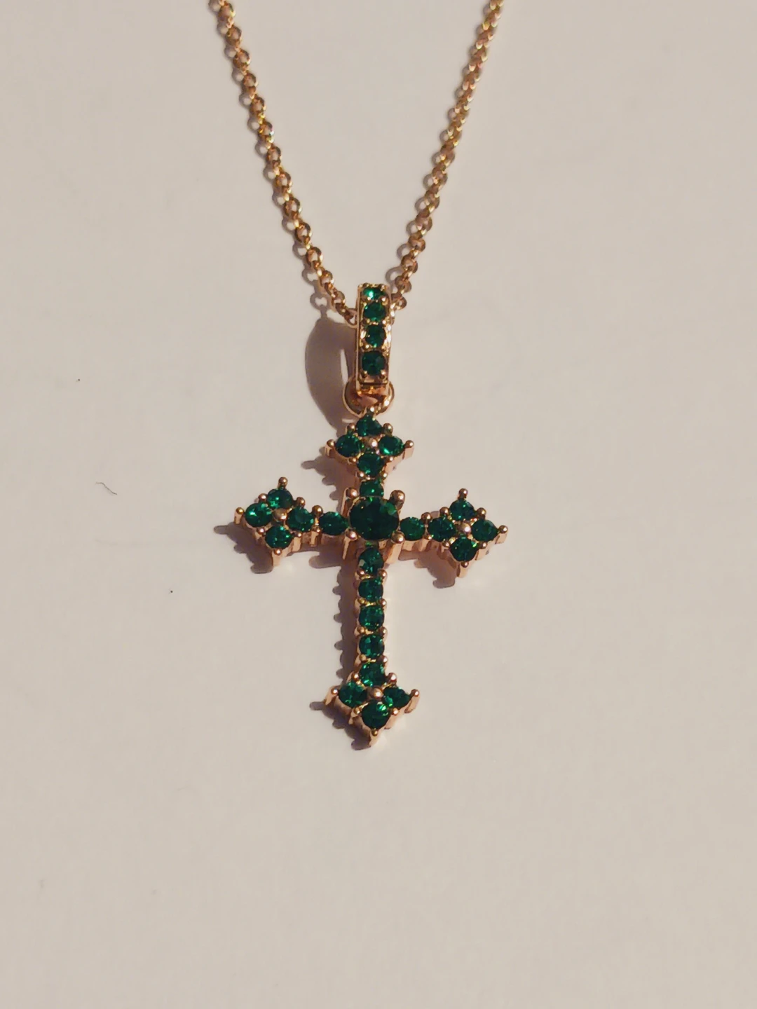 New!Gold Overlay Sterling SilverGreenStonesCrossPendant w/ Chain - photo 3