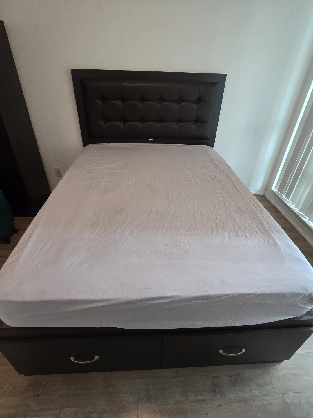1 yr Old Hardwood Queen Bed with Storage -  Moving Sale