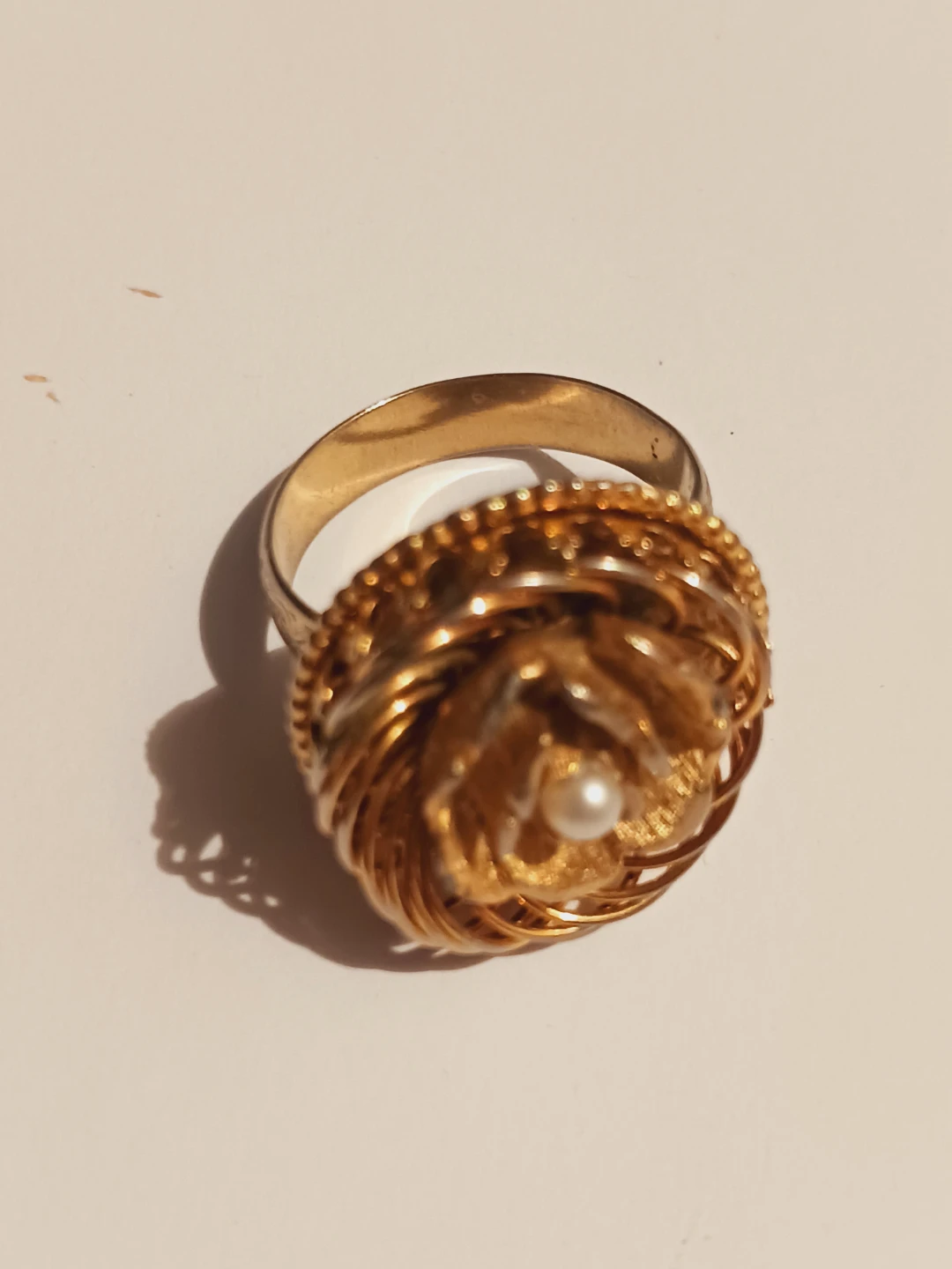 Vintage Gold Tone Rose Ring with Pearl Accent