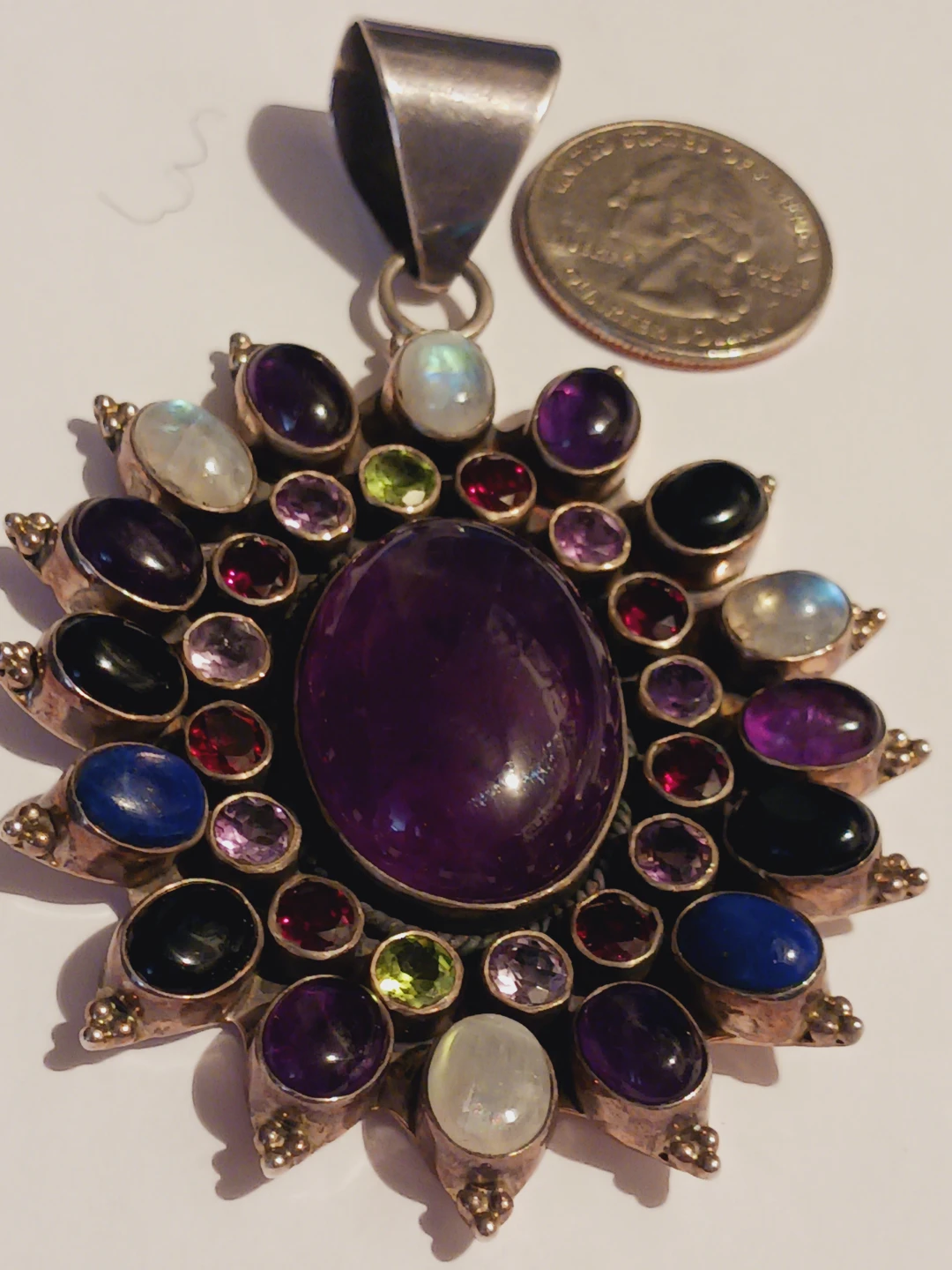 Oversized Sterling Silver 925 Multi-Gemstone Sunburst Pendant - photo 3