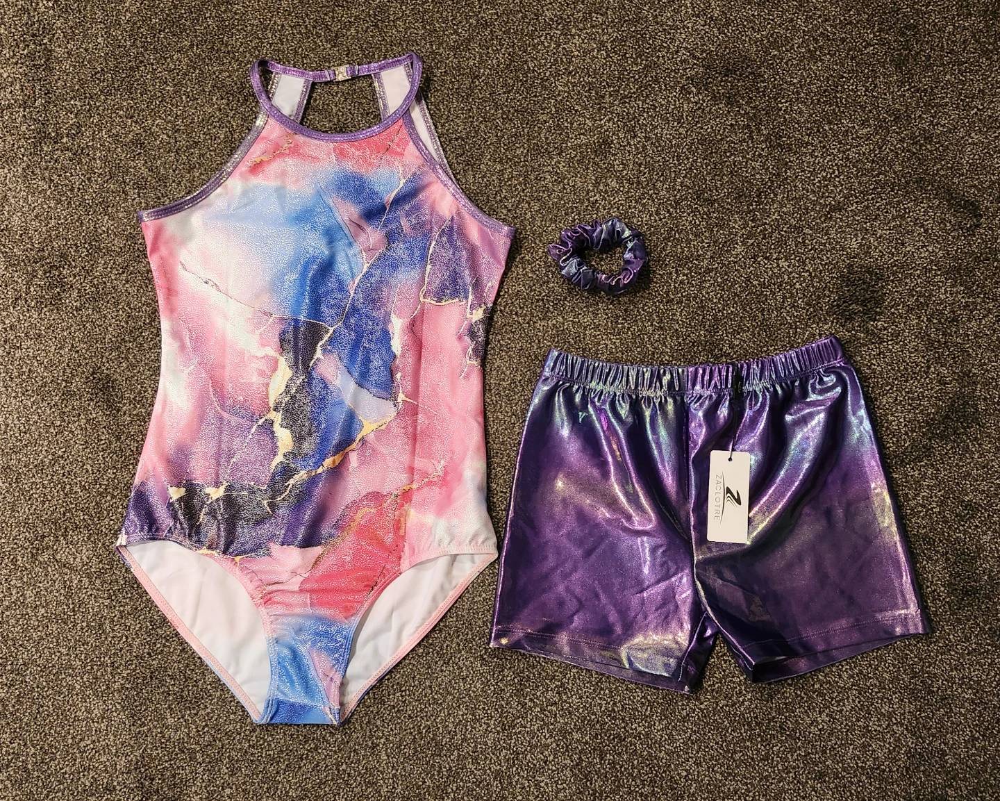 Zaclote Gymnastics Leotard Shorts Set with Scrunchie