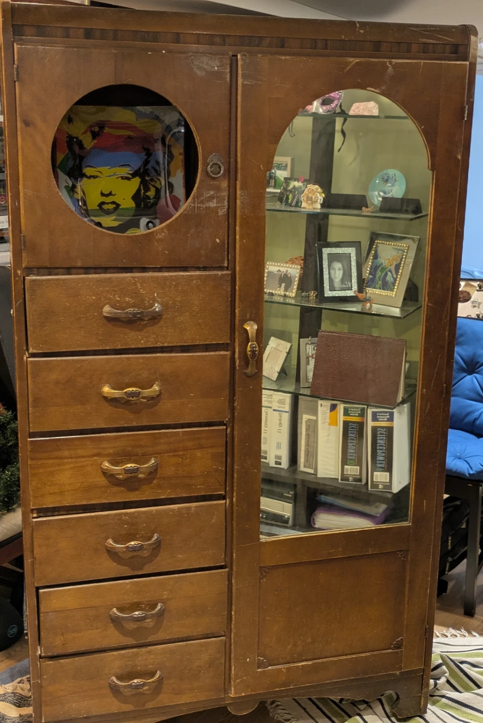 Vintage Wooden Wardrobe with Glass Door and Drawers