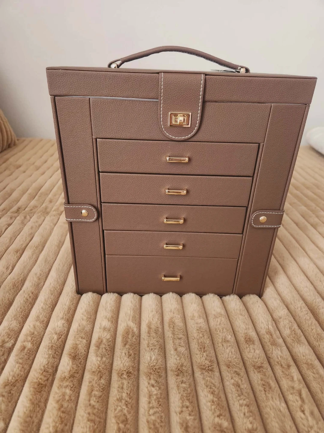 Brown Faux Leather Jewelry Box with 6 Drawers