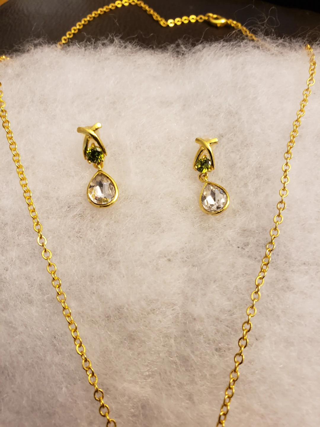 Gold-tone necklace and earring set with clear and green stones - photo 3