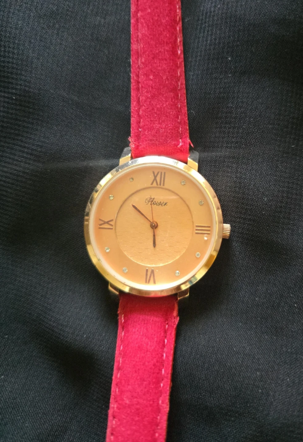 Flower Gold Tone Watch with Red Suede Strap