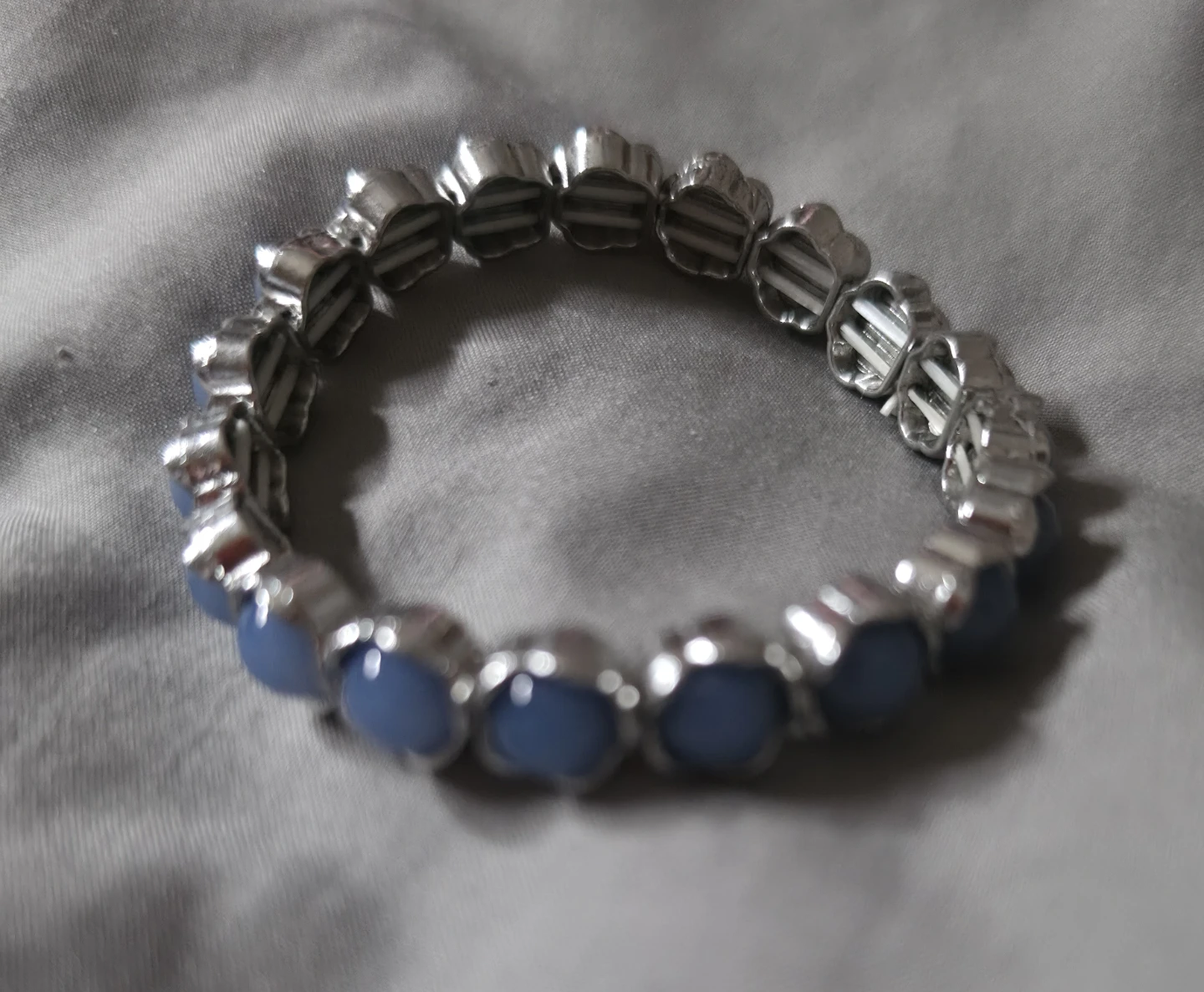 Silver Tone Stretchy Bracelet with Blue Beads