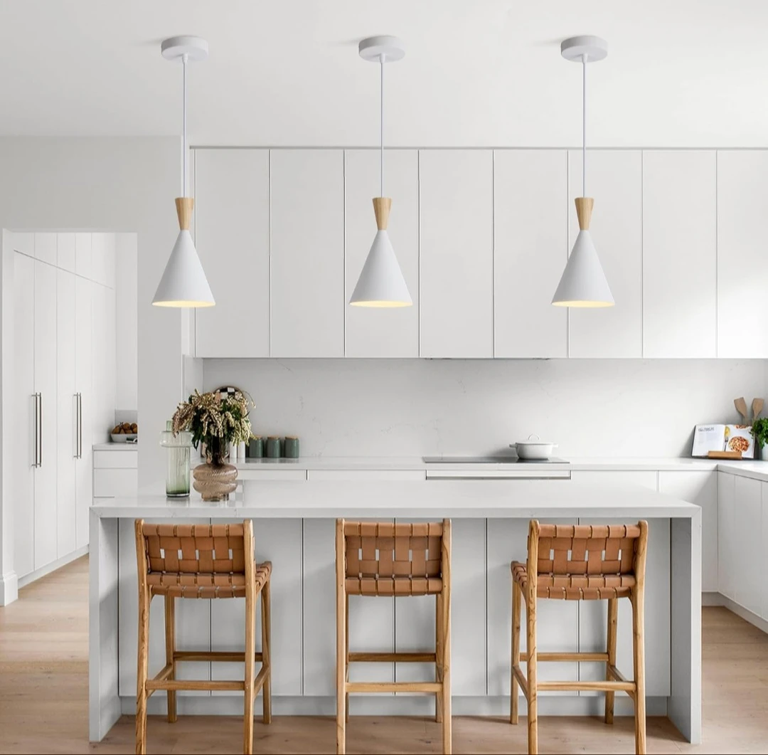 Set of 3 White Pendant Lights with Wood Accents - photo 2