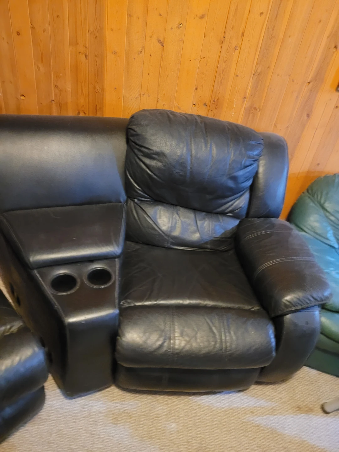 Black Leather Recliner Sofa with Cup Holders