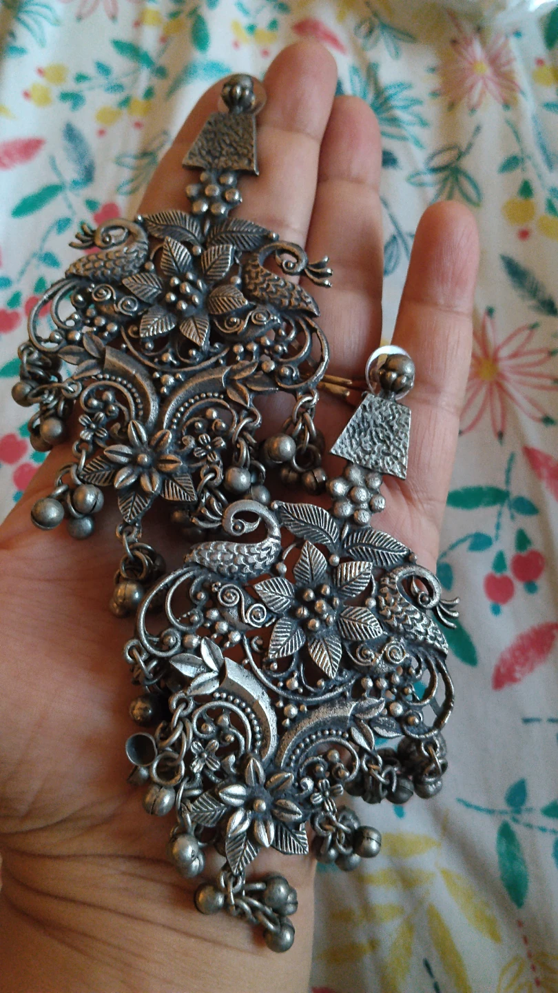 Oxidized Silver Tone Peacock Dangle Earrings
