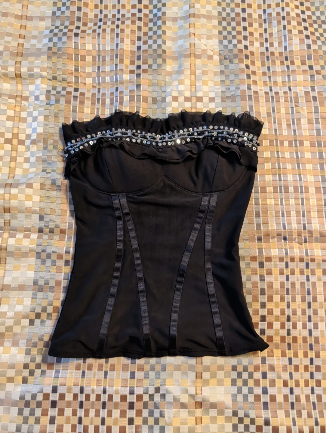 Black Corset Top with Ruffle and Sequins