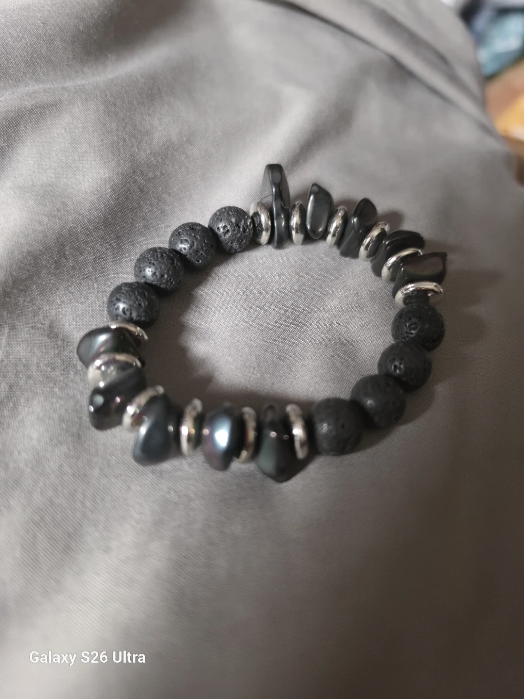 Black Lava Bead & Hematite Stretch Bracelet