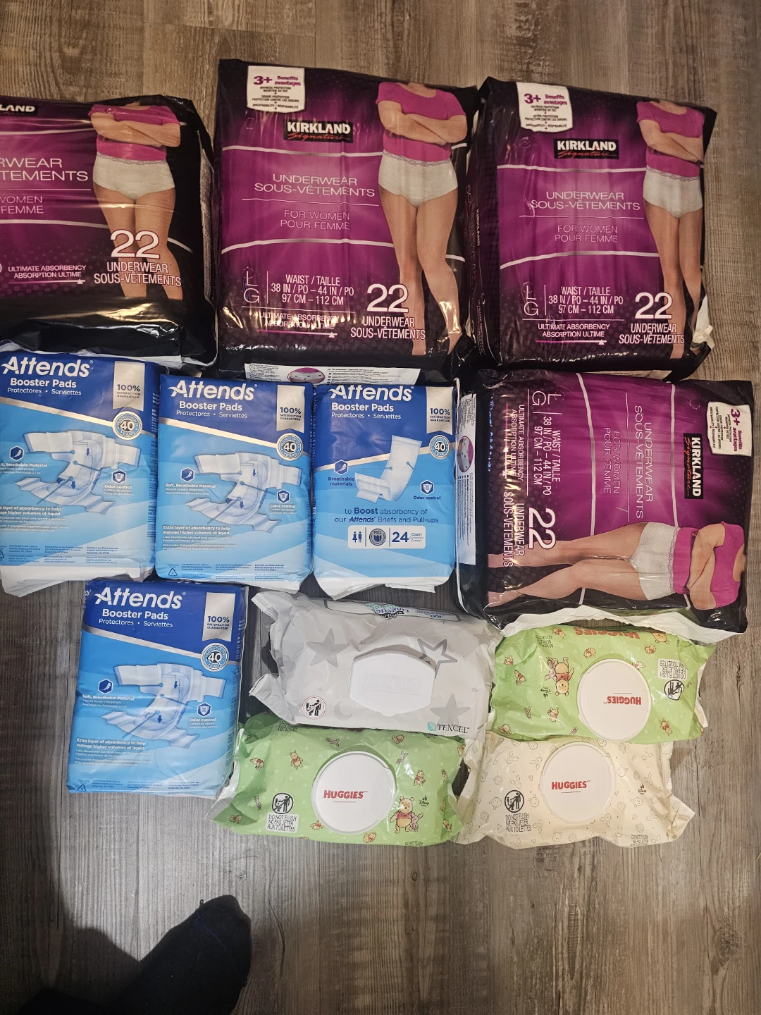 Womans large pull up underwear,  booster pads wipes n baby wipes