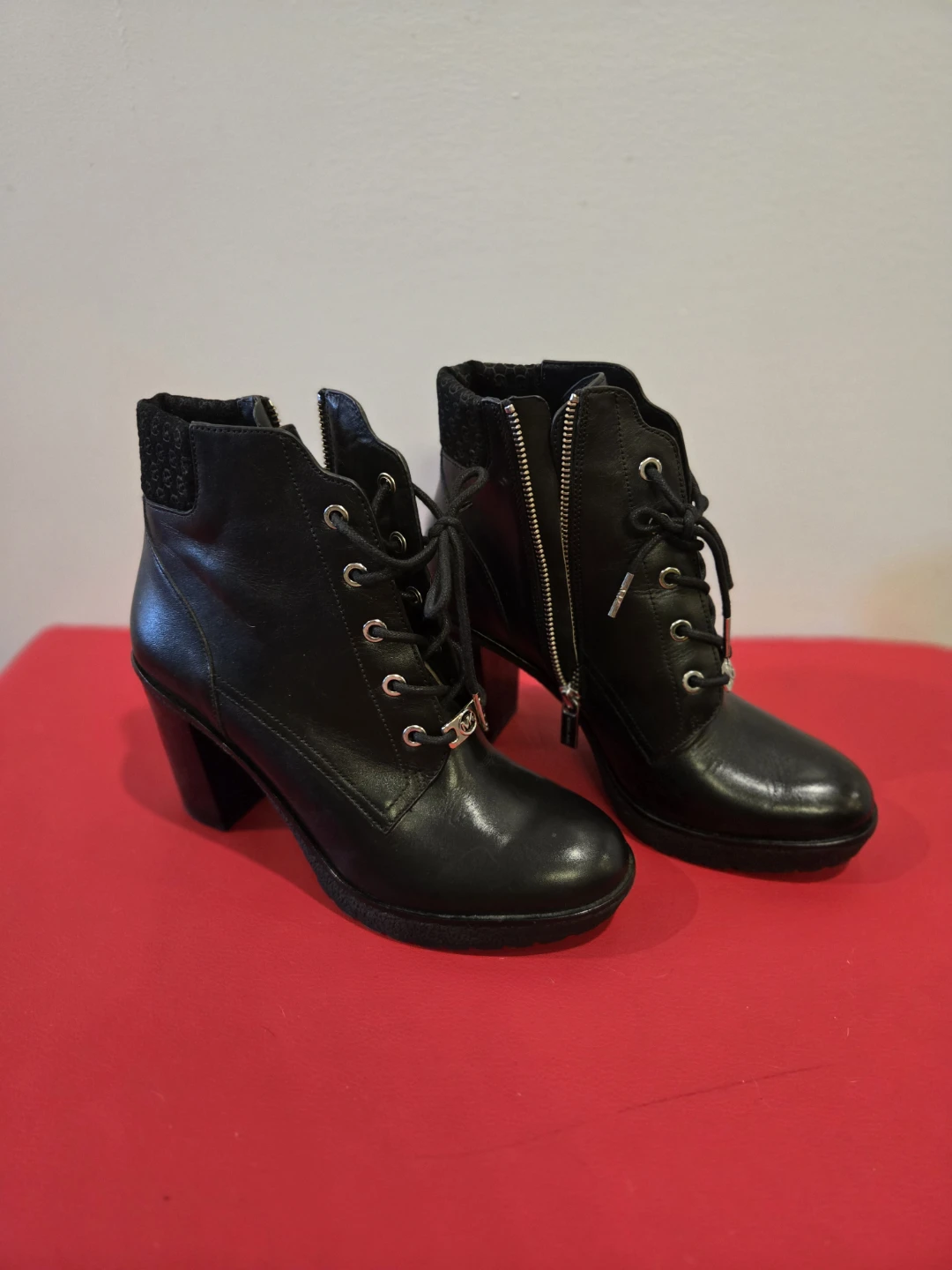 Michael Kors Black Leather Lace-Up Heeled Ankle Boots