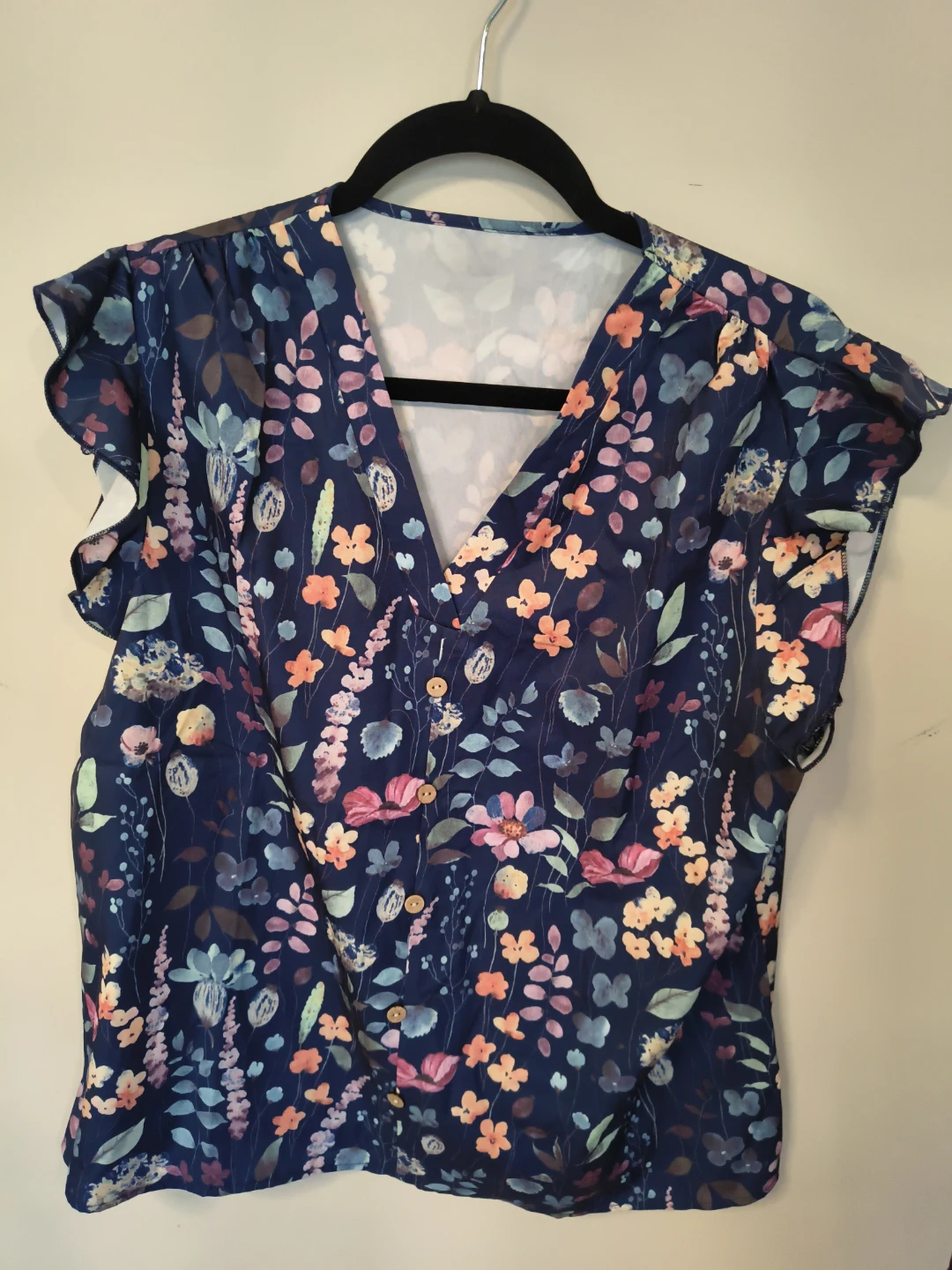 Women's Blue Floral Print Flutter Sleeve Blouse