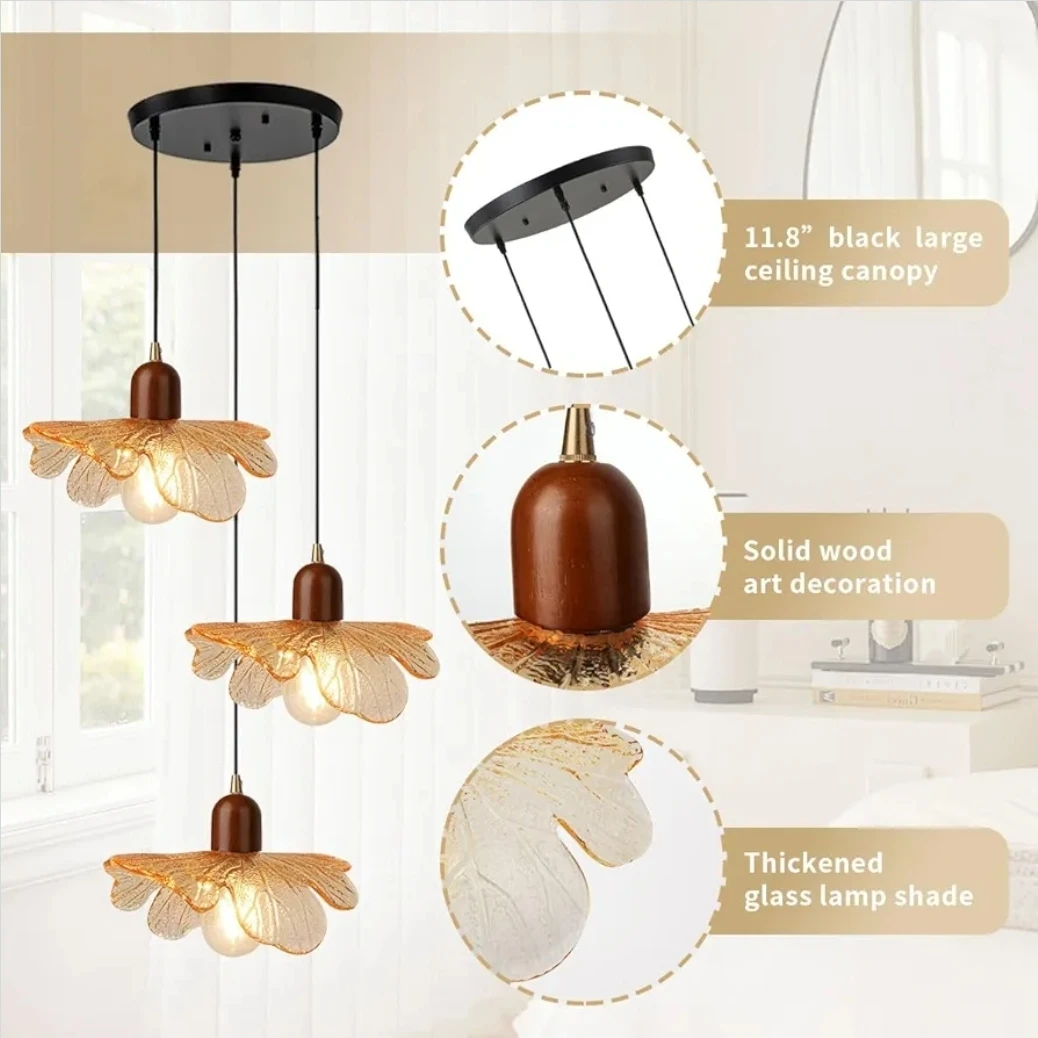3-Light Amber Flower Glass Cluster Pendant Light - photo 4
