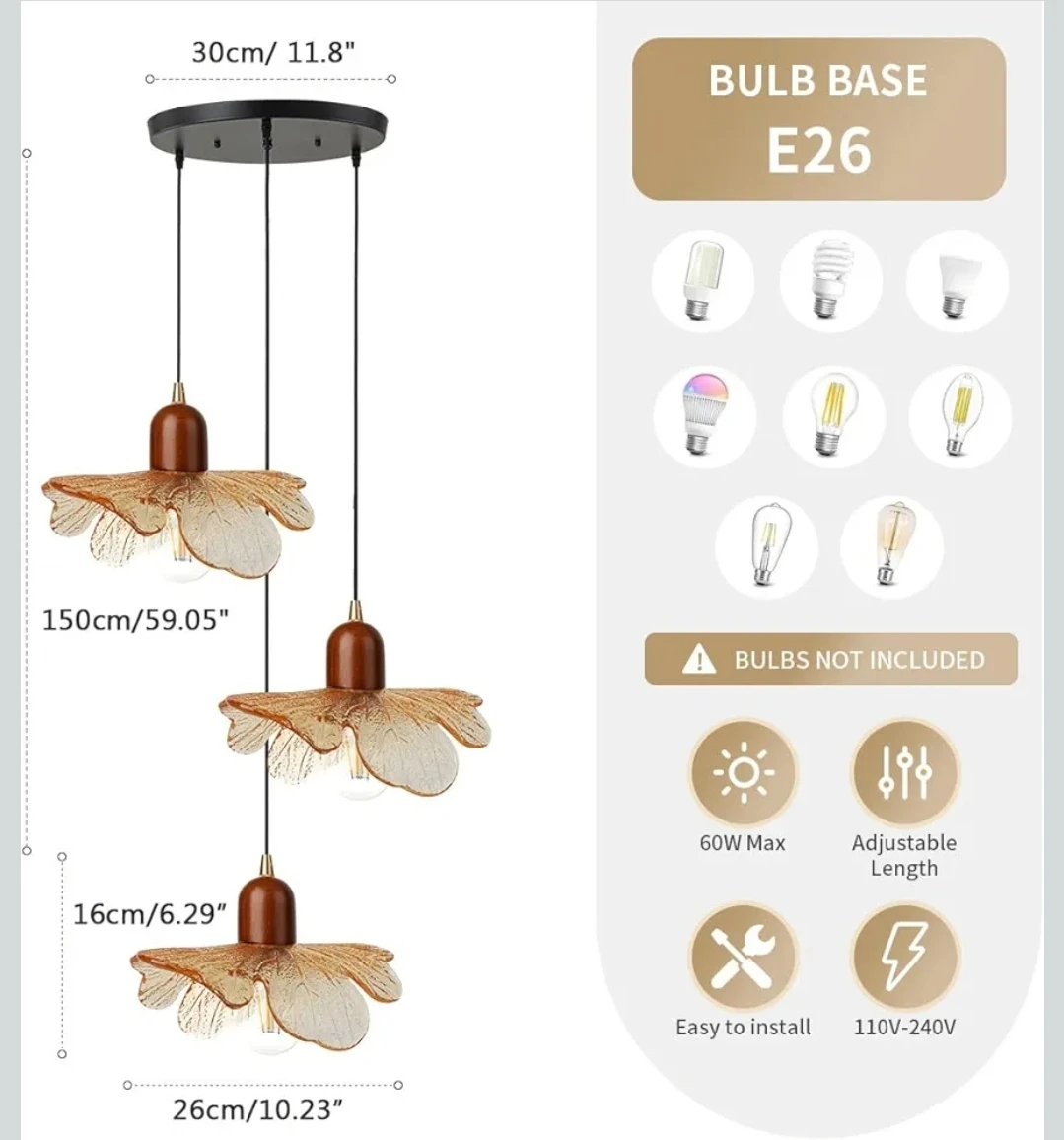 3-Light Amber Flower Glass Cluster Pendant Light - photo 5