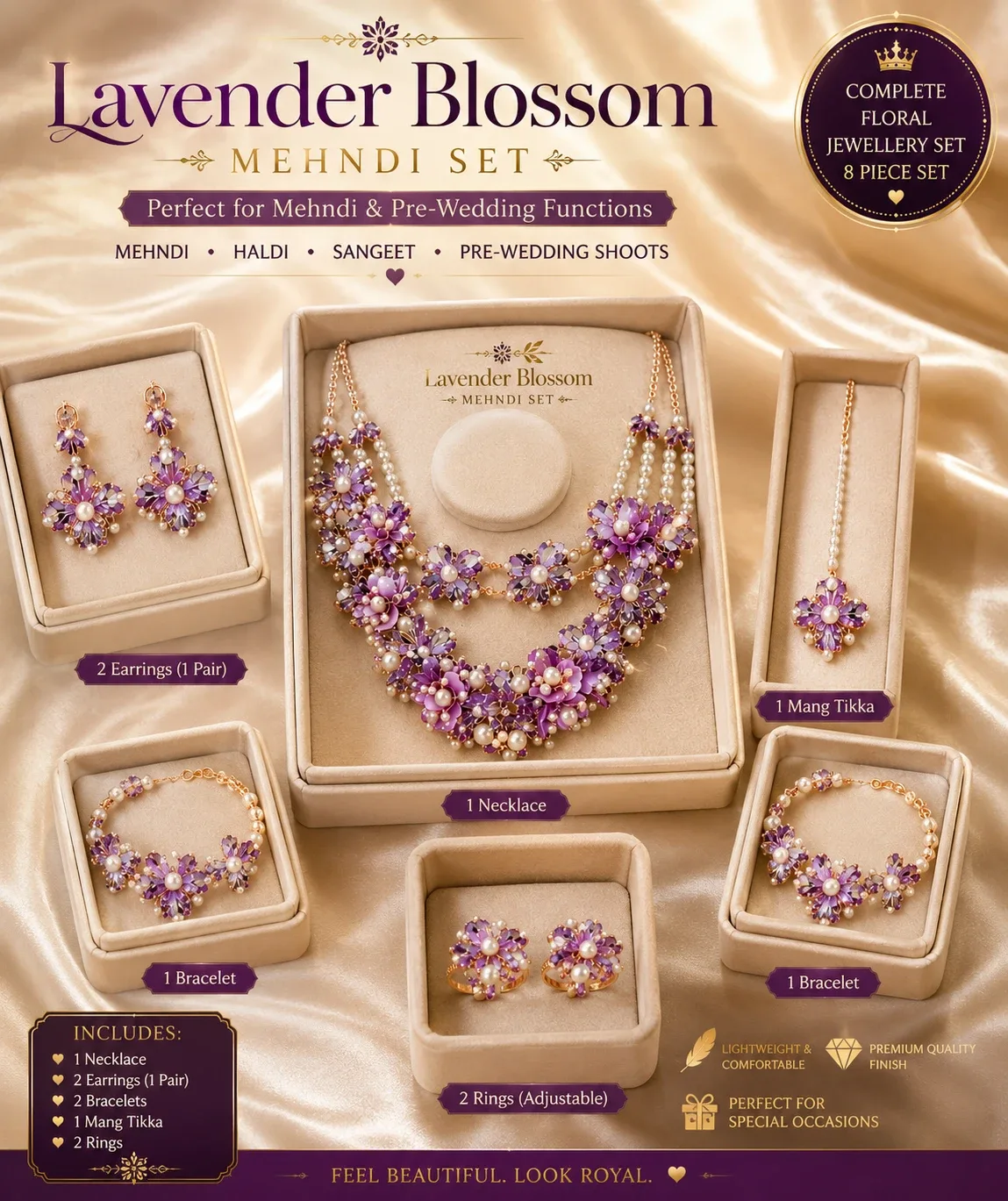 Lavender Blossom Mehndi Jewellery Set - 8 Piece Floral Set