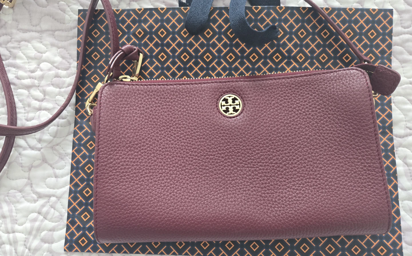 Tory Burch pebbled leather crossbody wallet burgundy