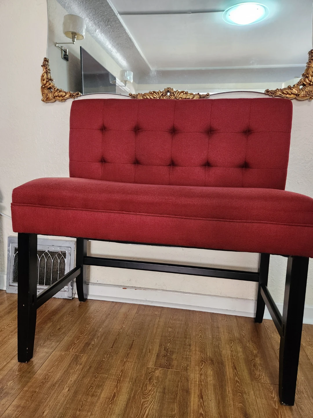 Red Tufted fabric Bench (barstool height)