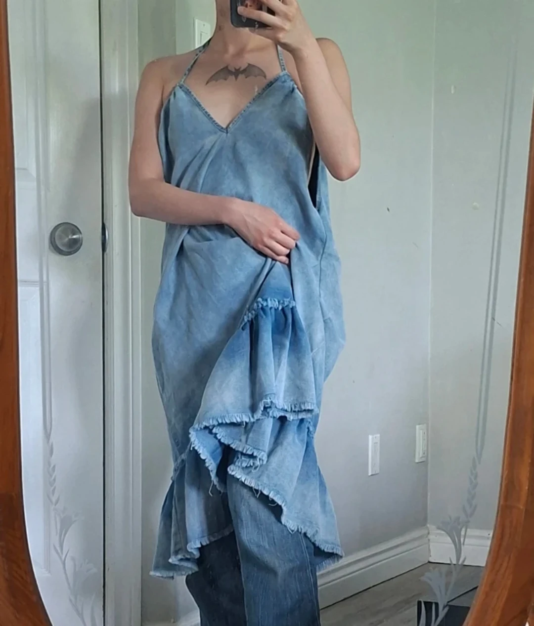 Light Wash Denim Maxi Dress with Ruffles - photo 4