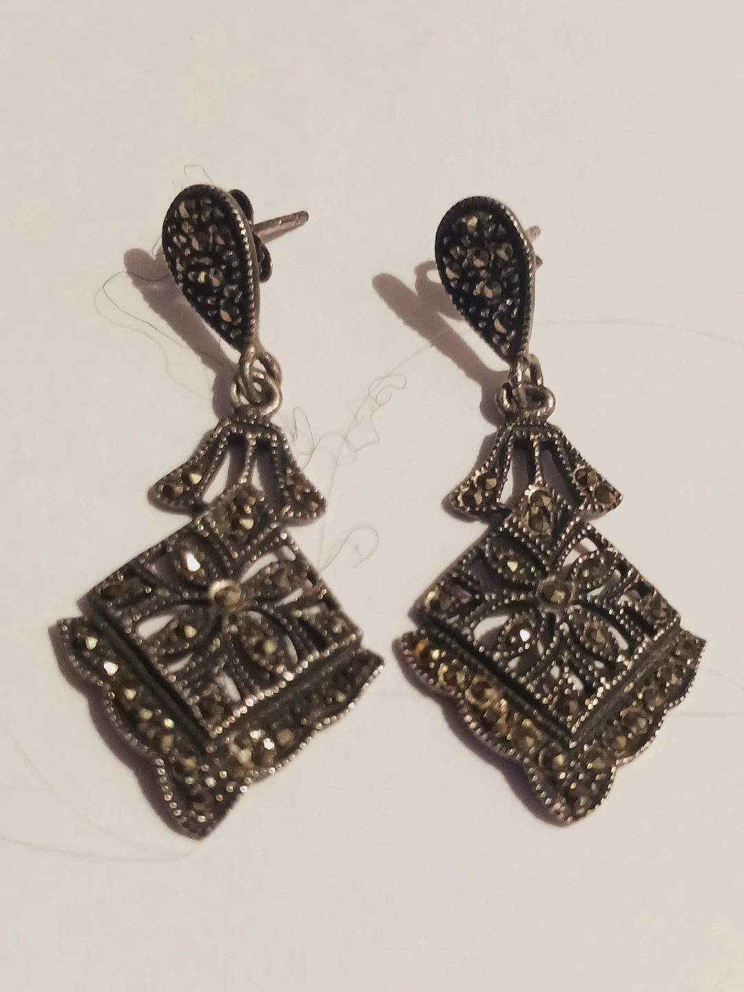 Art Deco Marcasite Sterling Silver 925  Dangle Earrings - photo 2