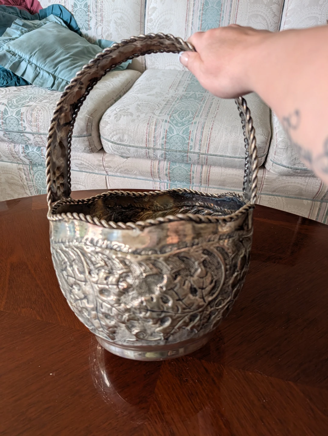 Ornate Silver-Tone Basket with Handle - photo 2