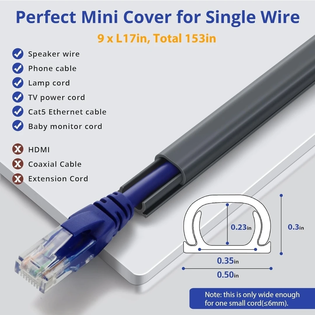 Cord Cover Wall - 153in Mini Wire Hider (Grey) - photo 2